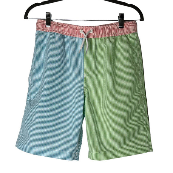 Lands' End Boys Swim Trunks in Green Blue Red Seersucker Size XL 14-16 - Picture 1 of 6
